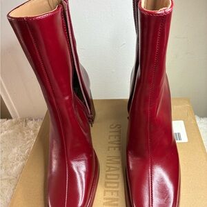 Steve Madden Red Leather Mid-Calf Zip Ankle Boots